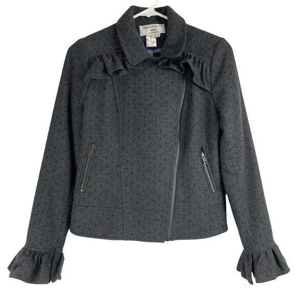Helene Berman Gray Star Print Flared Long Sleeve Zip Up Wool Jacket Size 4 - Picture 1 of 4